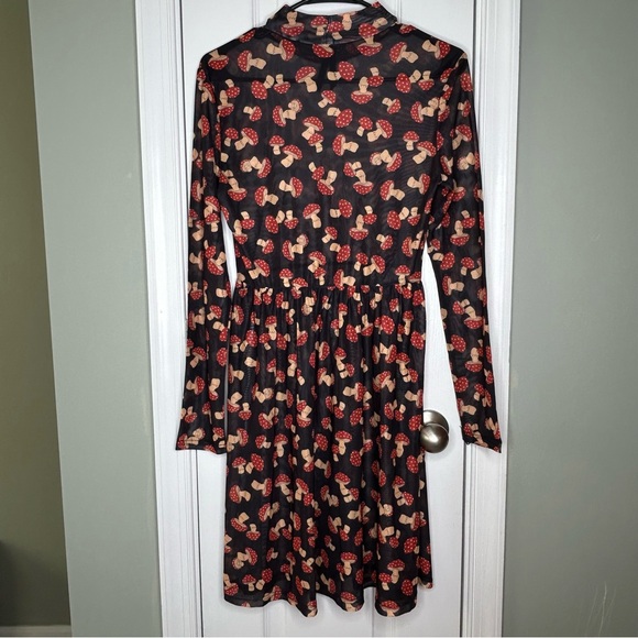 Dangerfield Sheer Black Mesh Mushroom Print Unique Alt Goth Mock Neck Dress 6 - Picture 8 of 11